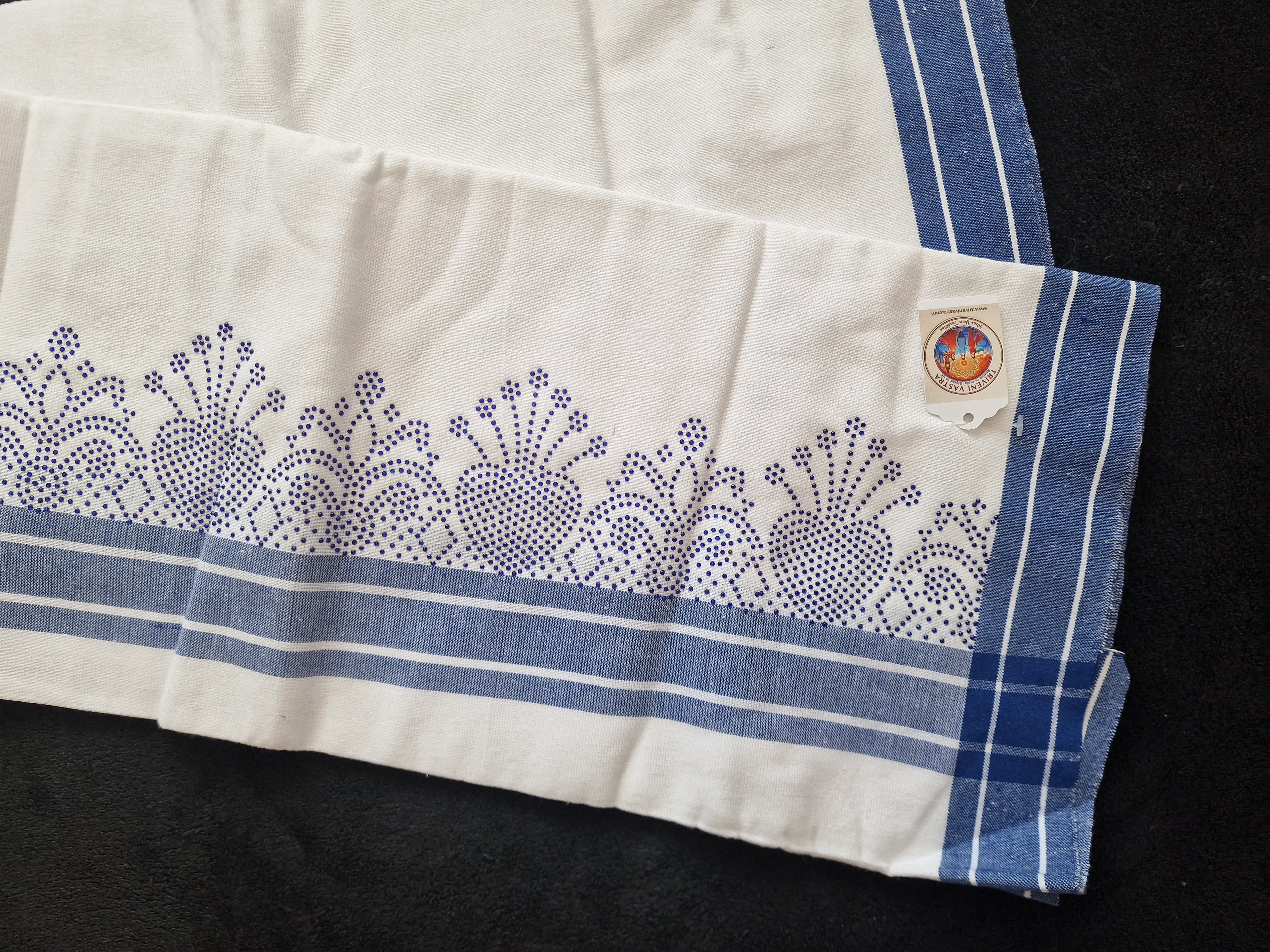 White Cotton Mundu (Dhoti) with blue stones