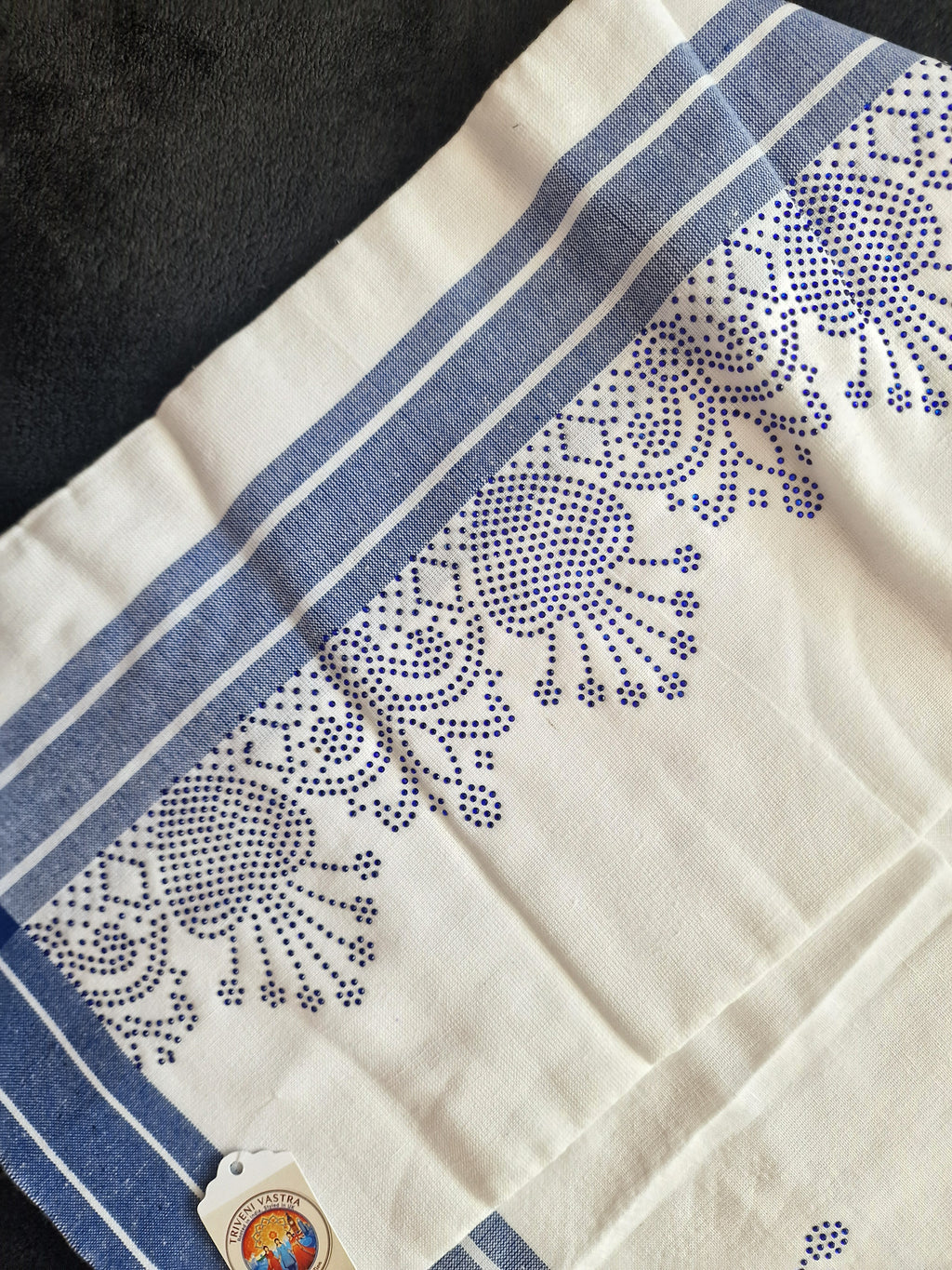 White Cotton Mundu (Dhoti) with blue stones