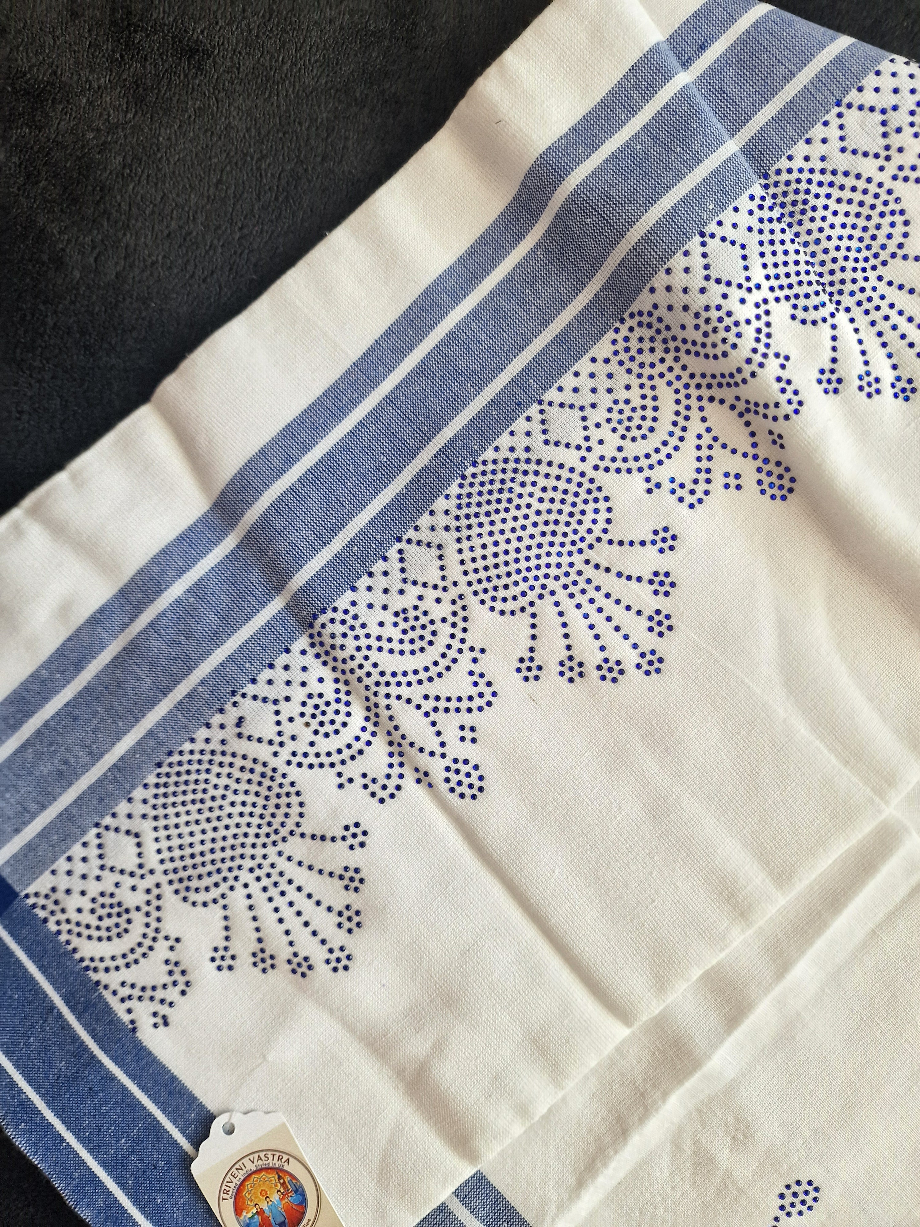 White Cotton Mundu (Dhoti) with blue stones