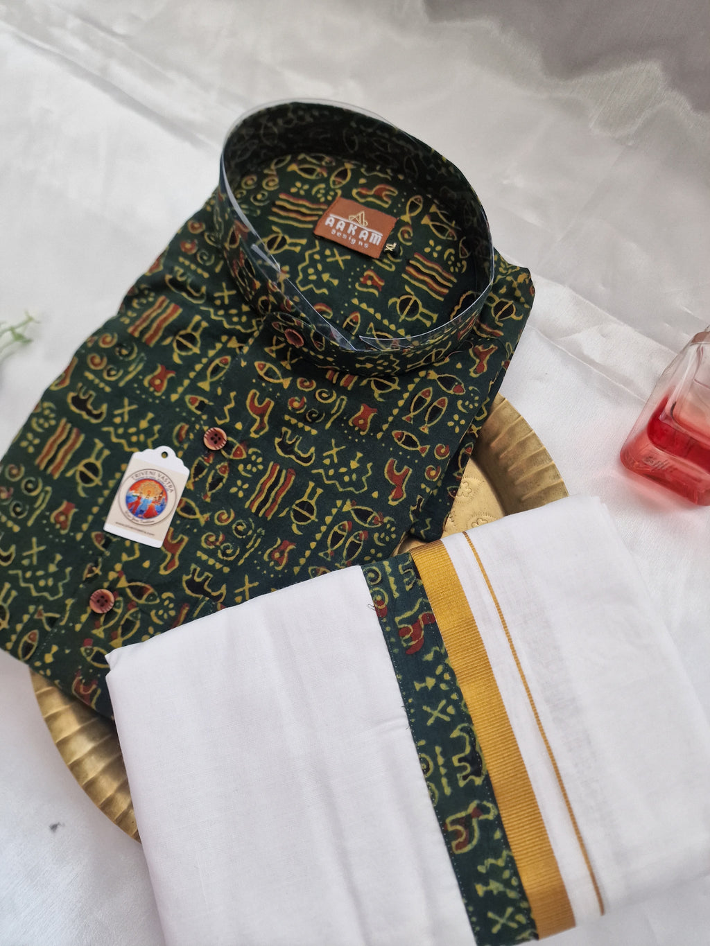 Green Shirt (XL) with maching Mundu (dhoti)