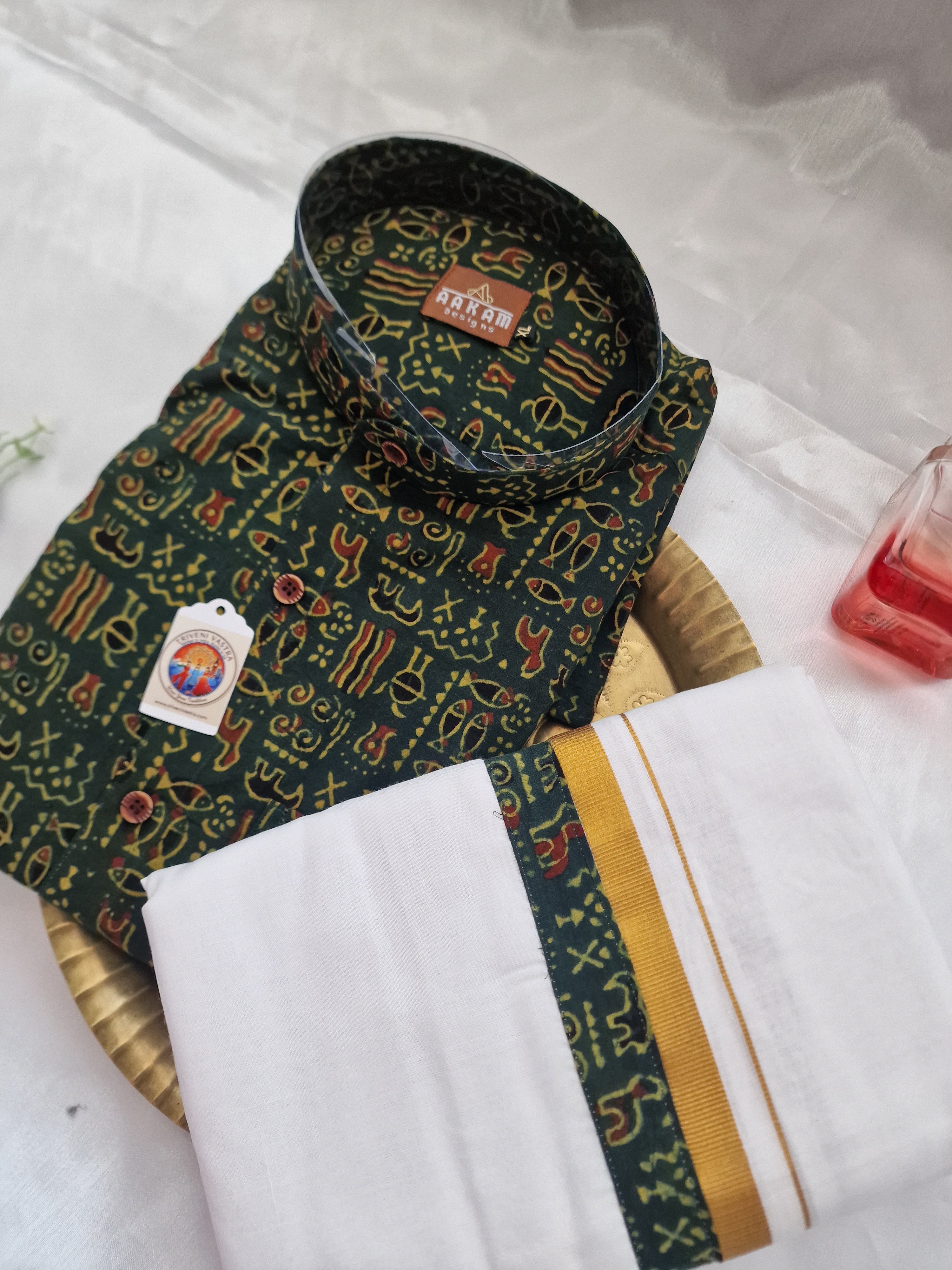 Green Shirt (XL) with maching Mundu (dhoti)