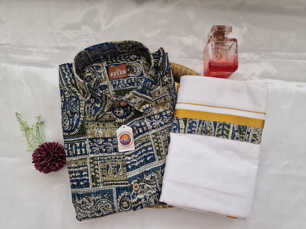 Blue shirt (XL) with matching Mundu ( Dhoti)