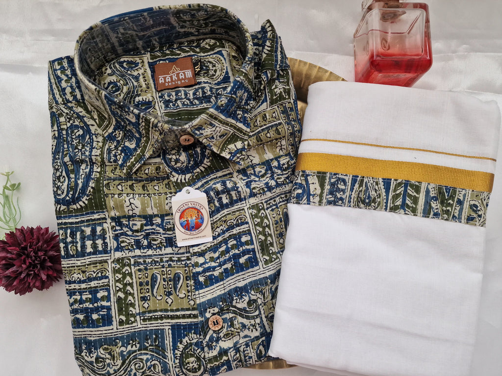 Blue shirt (XL) with matching Mundu ( Dhoti)