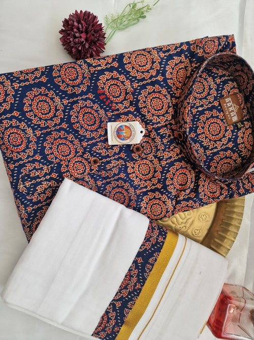 Blue & Burgenty Kurtha (XL) with maching mundu (Dhoti)
