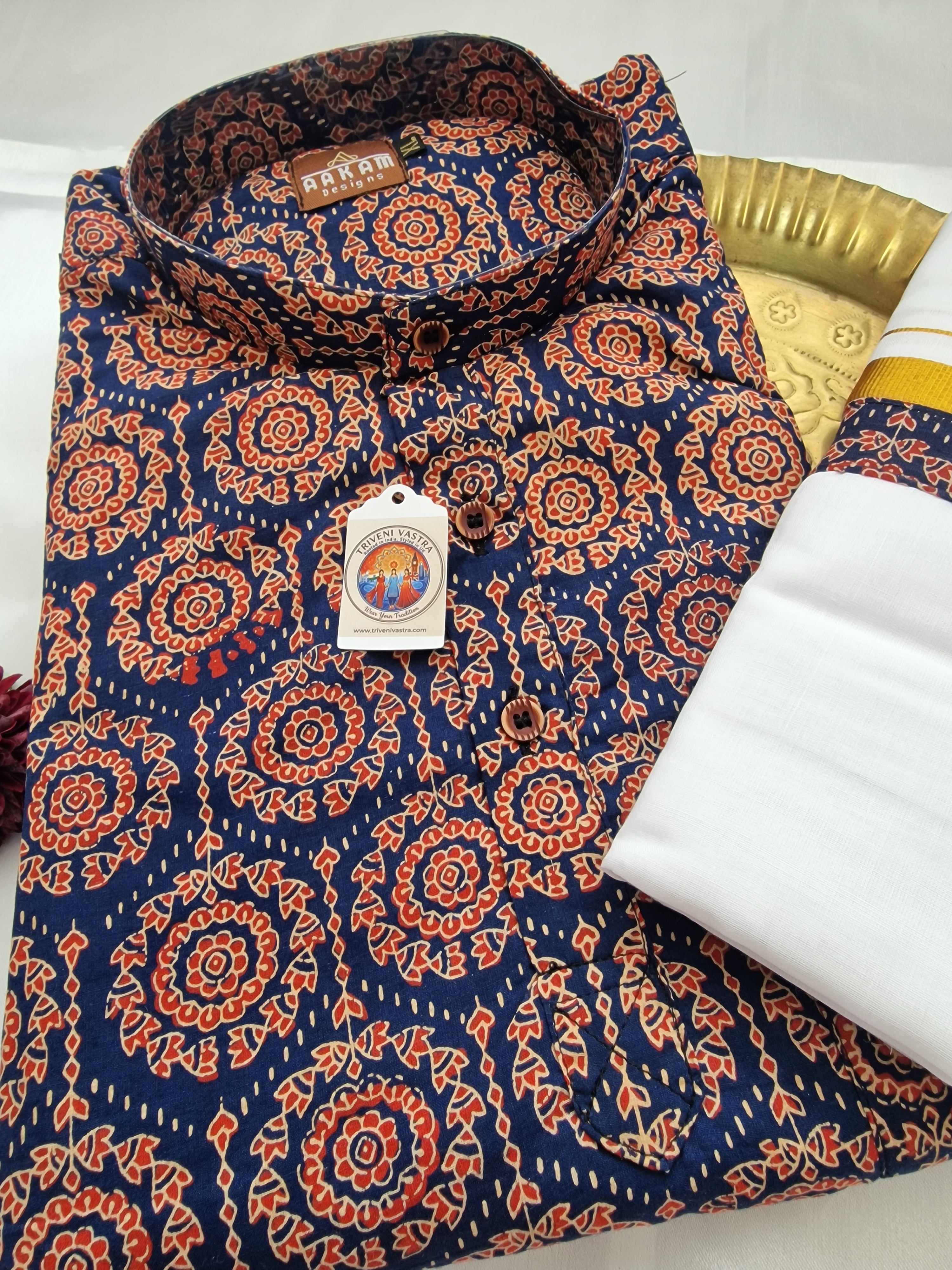 Blue & Burgenty Kurtha (XL) with maching mundu (Dhoti)
