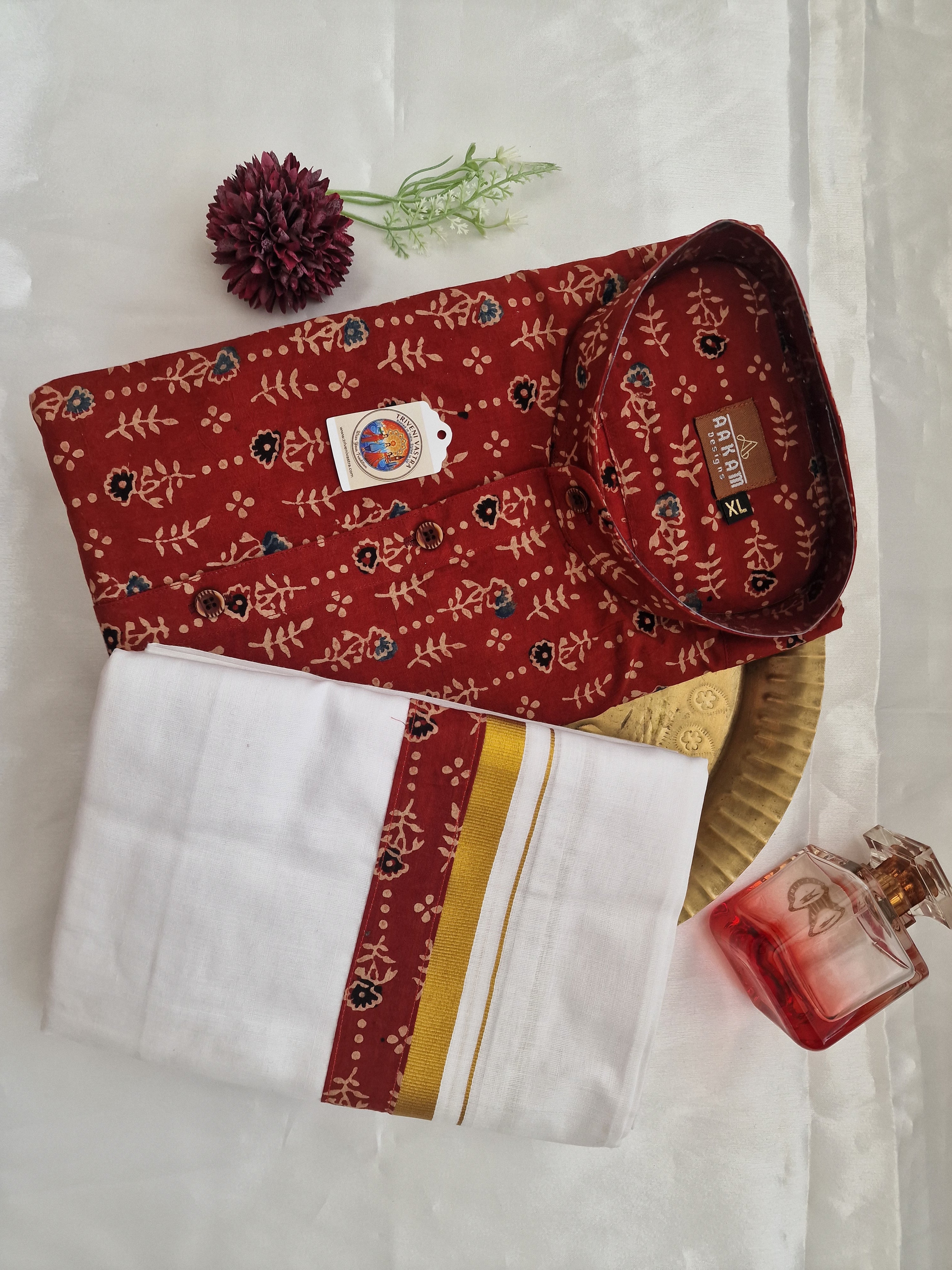 Maroon Shirt (XL) with matching Mundu ( Dhoti)