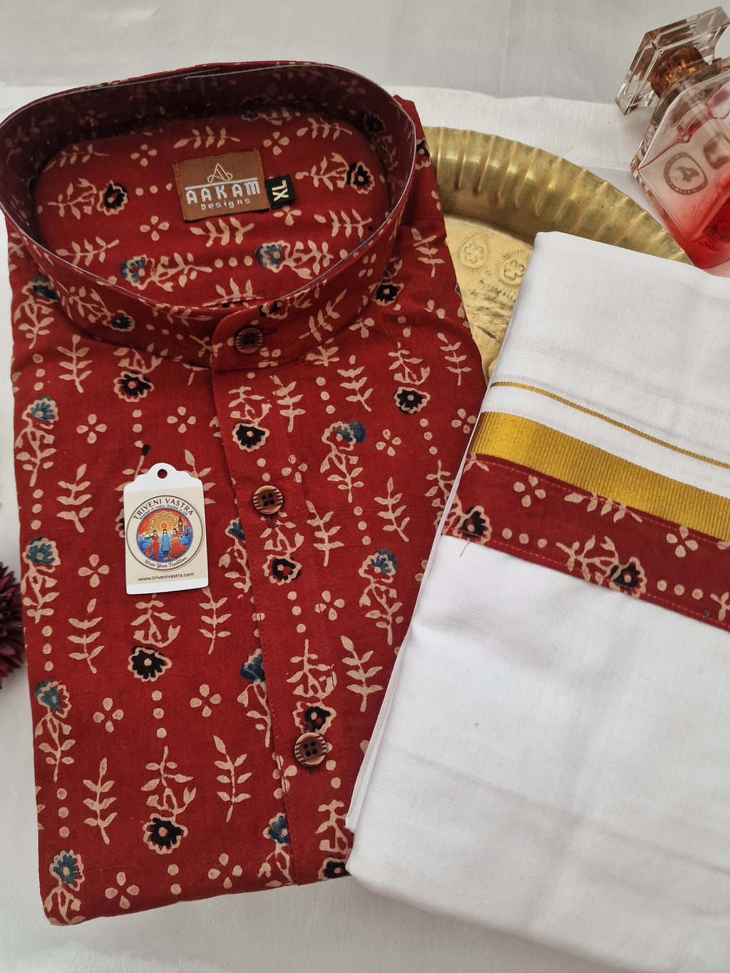 Maroon Shirt (XL) with matching Mundu ( Dhoti)