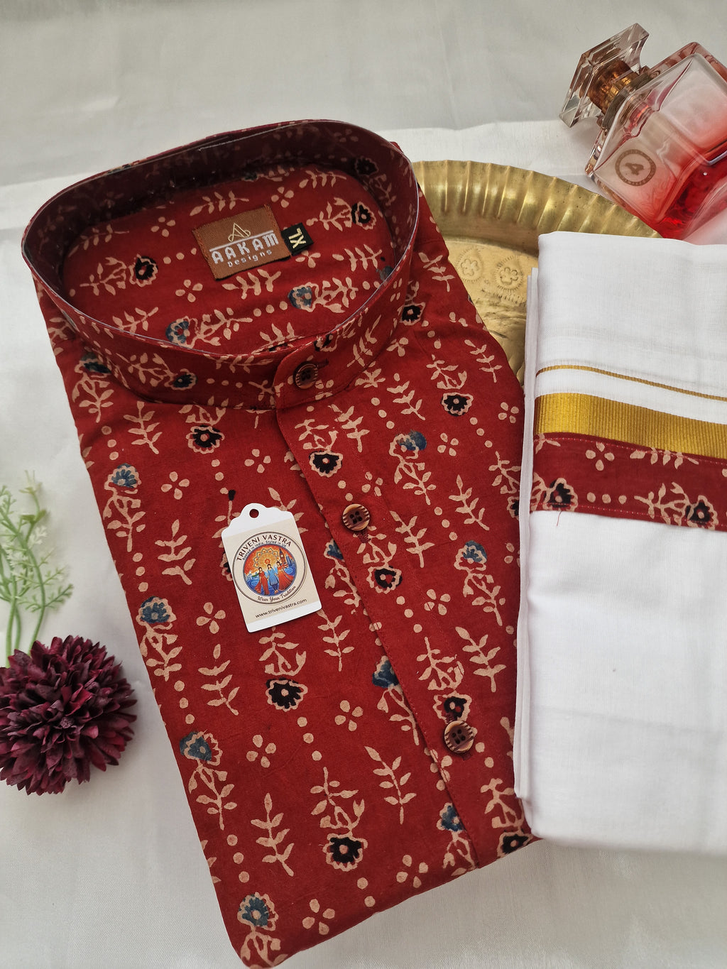 Maroon Shirt (XL) with matching Mundu ( Dhoti)
