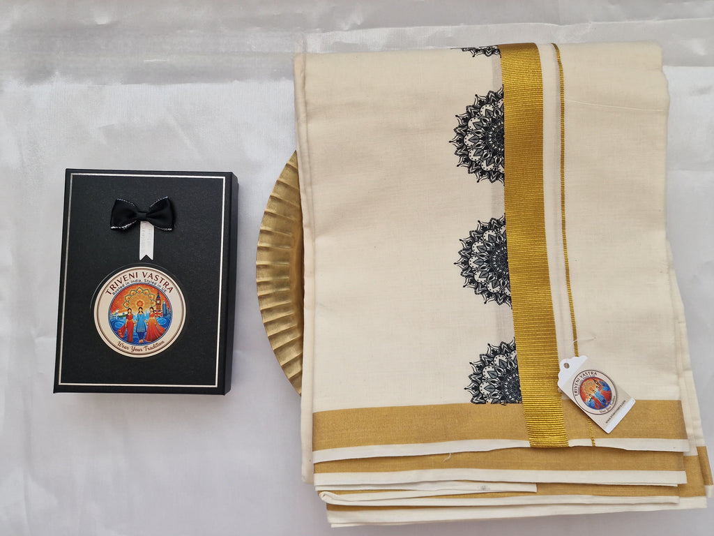 Kasavu mundu (dhoti) with black mandala pattern print
