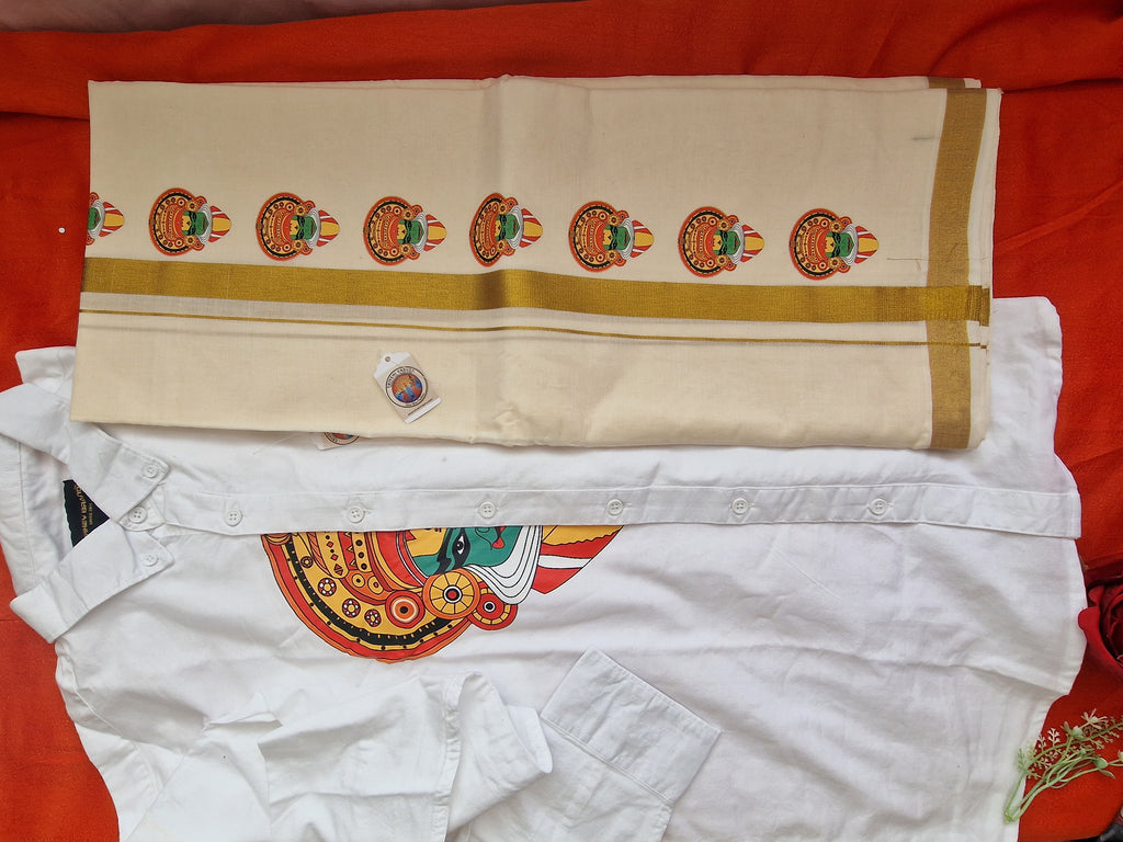 Kadhakali motif Shirt (XL) and Mundu (dhoti)
