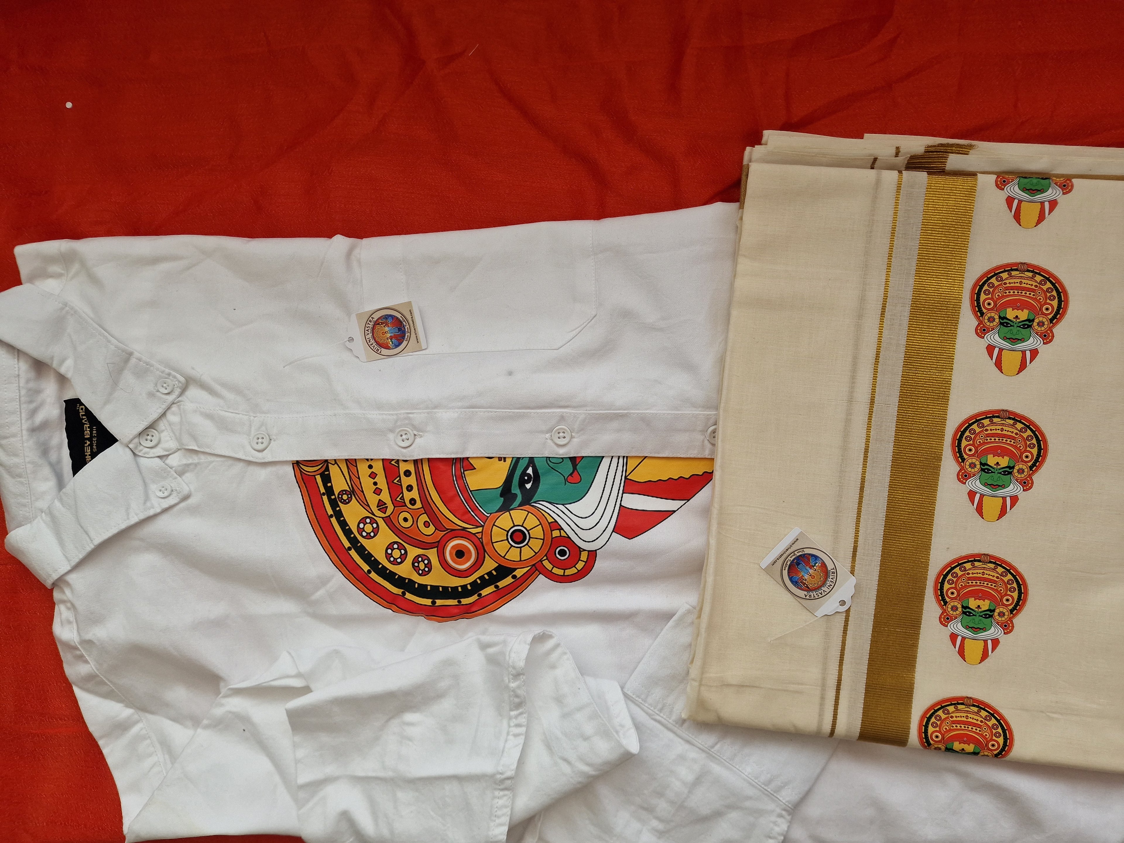 Kadhakali motif Shirt (XL) and Mundu (dhoti)