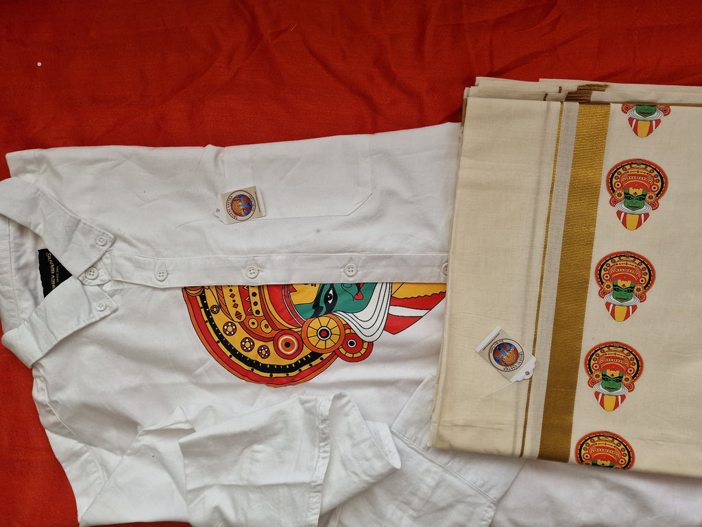 Kadhakali motif Shirt (XL) and Mundu (dhoti)