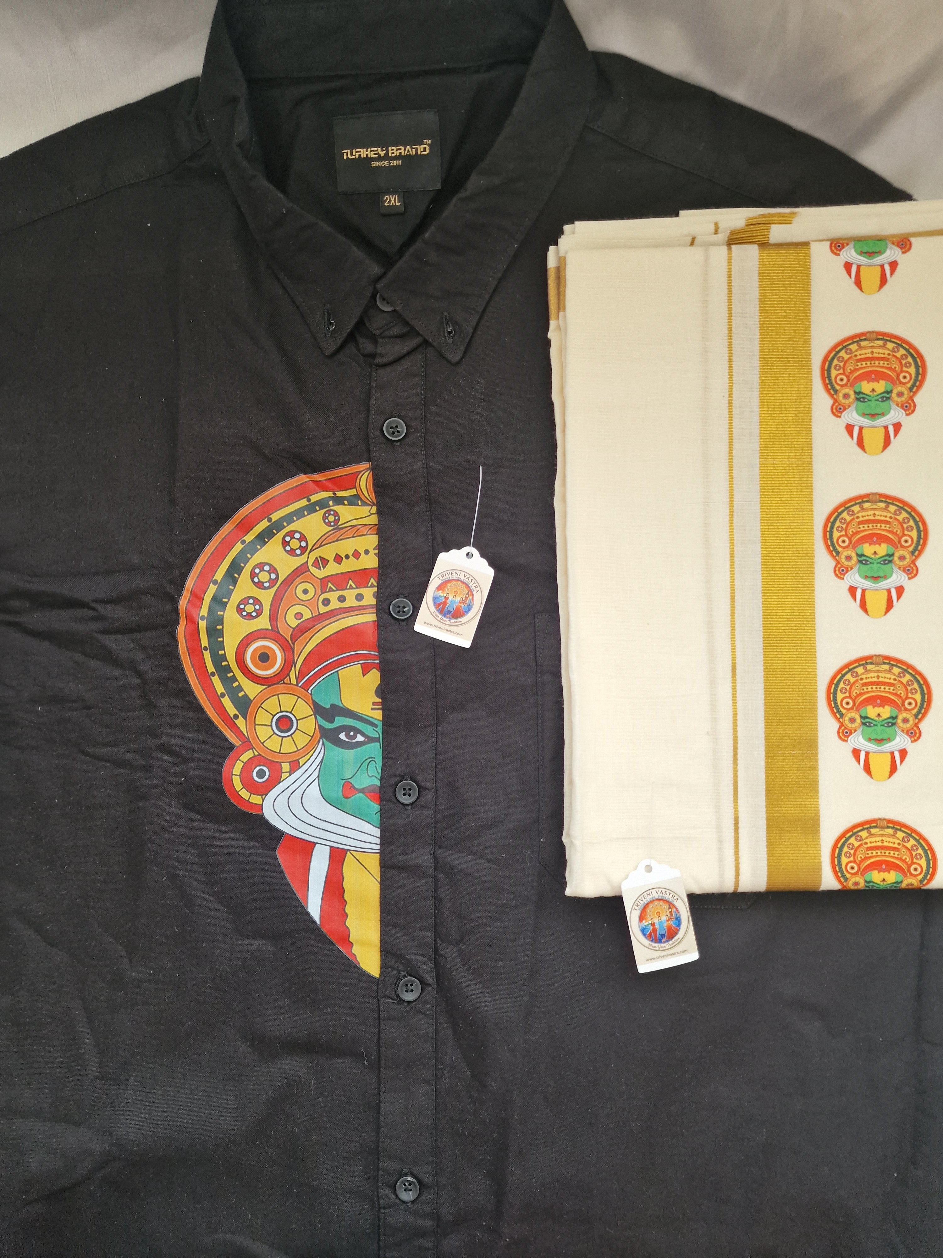Kadhakali motif Black shirt (XXL) and off white Mundu ( dhoti)