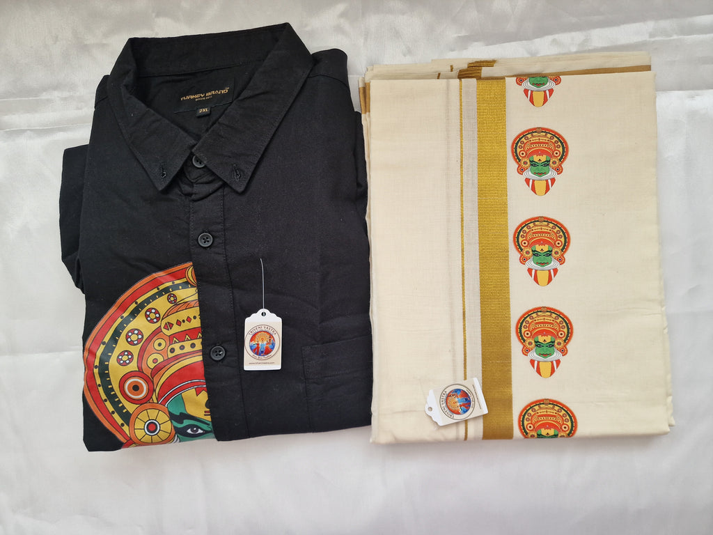 Kadhakali motif Black shirt (XXL) and off white Mundu ( dhoti)