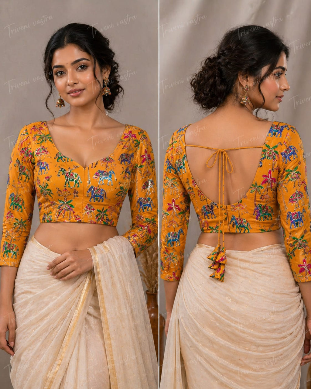 Embroidered Ready made saree blouse - Yellow