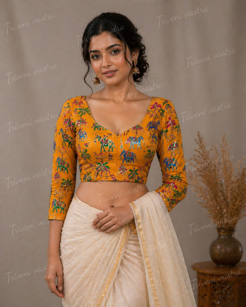 Embroidered Ready made saree blouse - Yellow