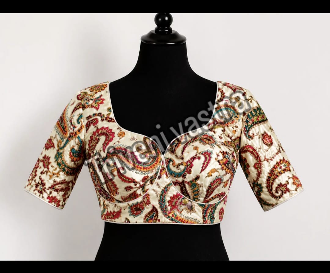 Embroidered Ready made saree blouse - White