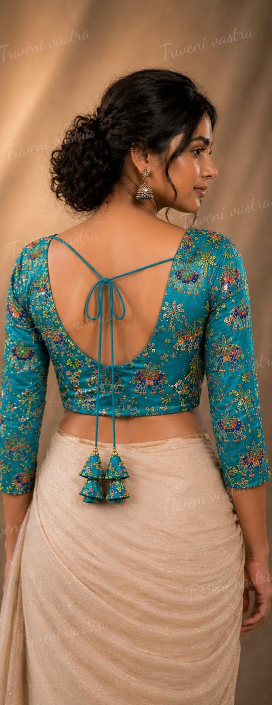 Embroidered Ready made saree blouse -Blue