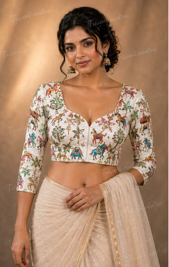 Embroidered Ready made saree blouse - White