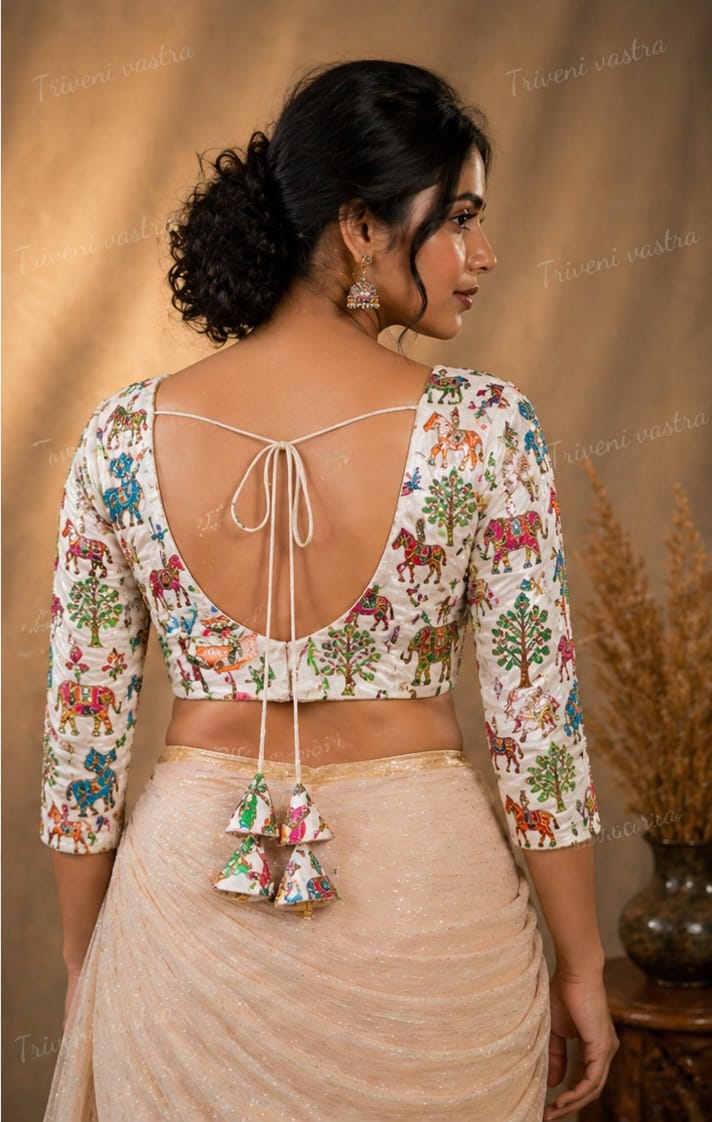 Embroidered Ready made saree blouse - White
