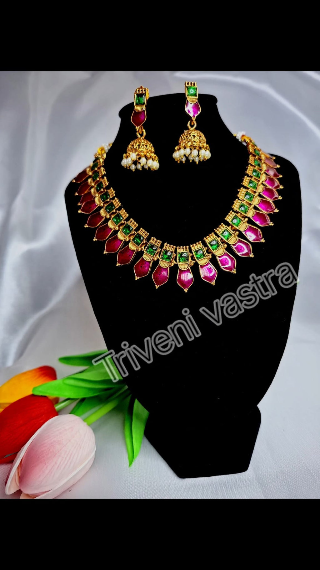 Purple &Green traditional short necklace with earring