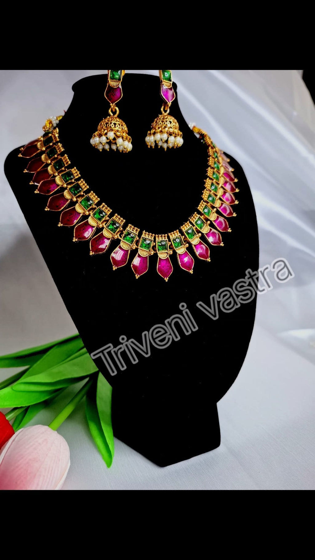 Purple &Green traditional short necklace with earring