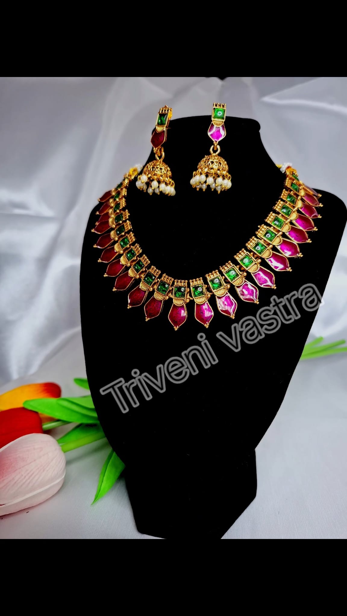 Purple &Green traditional short necklace with earring