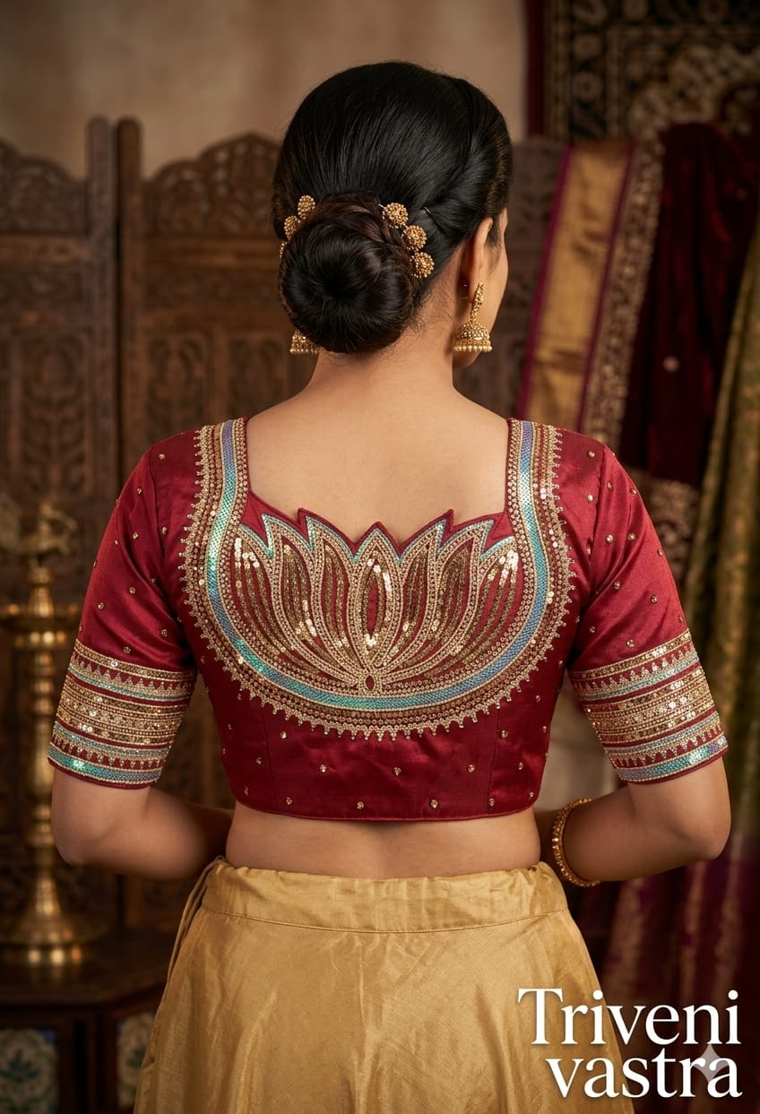 Designet Saree blouse- Lotus design-Brown