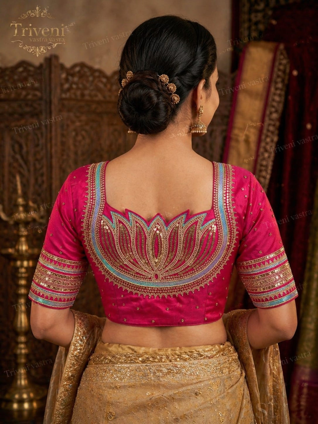 Designer Saree blouse- Lotus design- Ranipink