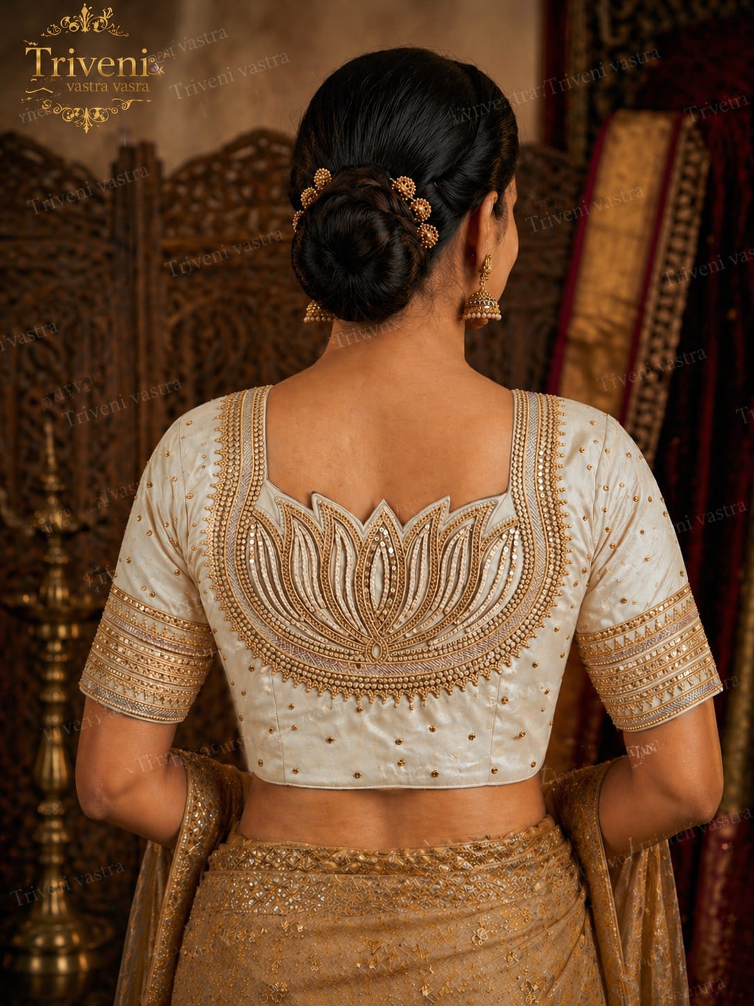 Designer Saree blouse- Lotus design - offwhite