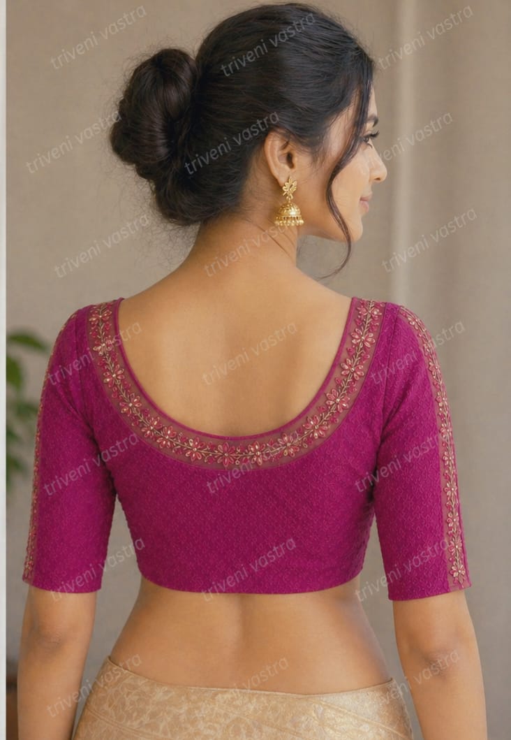 Strechable embroided saree blouse- Pink