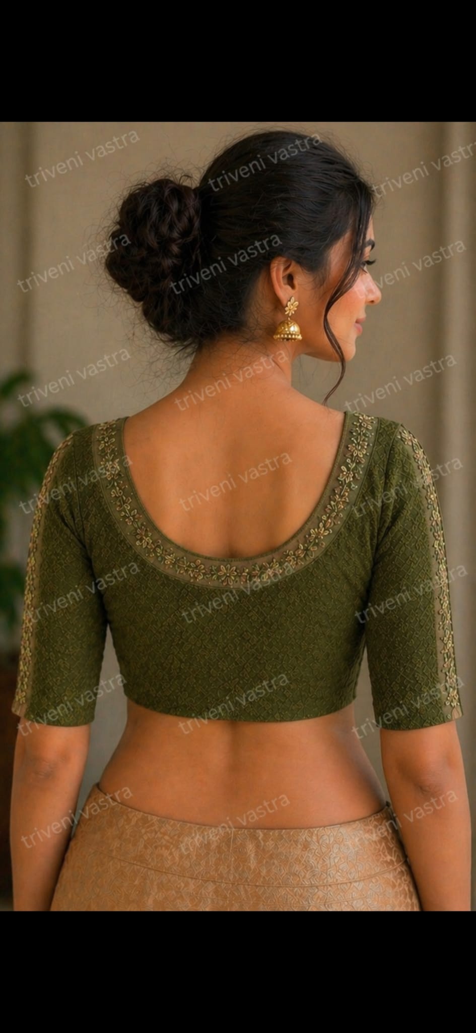 Strechable Embroidered Saree Blouse- Green