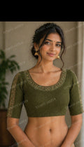 Strechable Embroidered Saree Blouse- Green