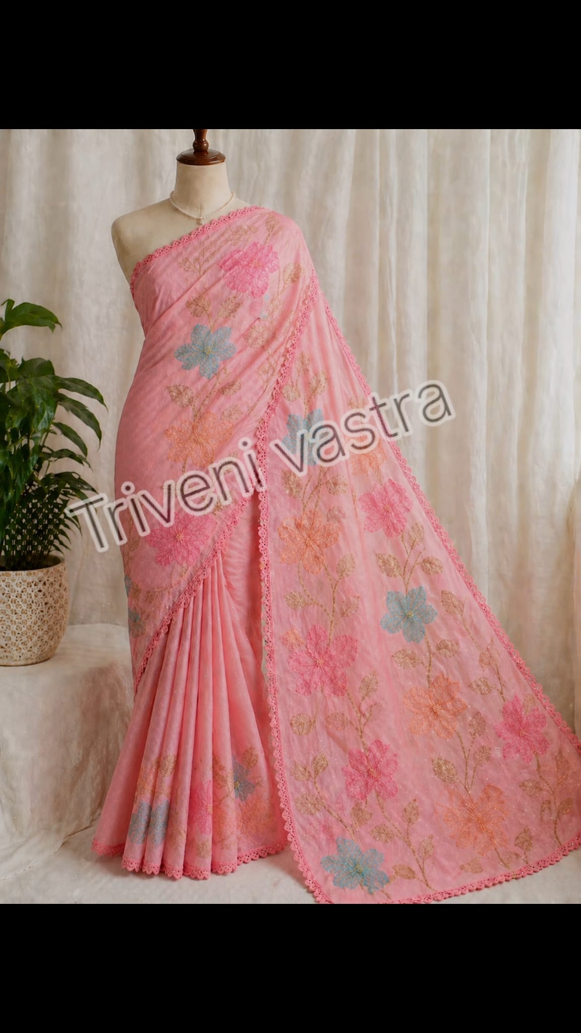 Embroidered saree with running blouse -Pink