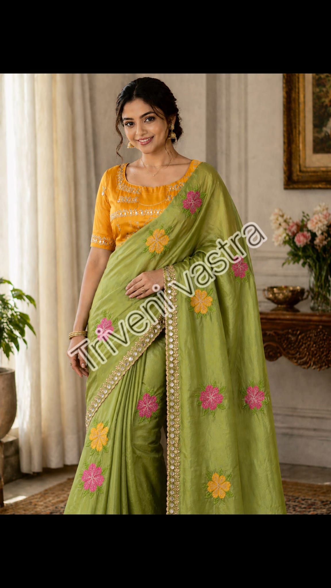 Saree with running blouse- Green