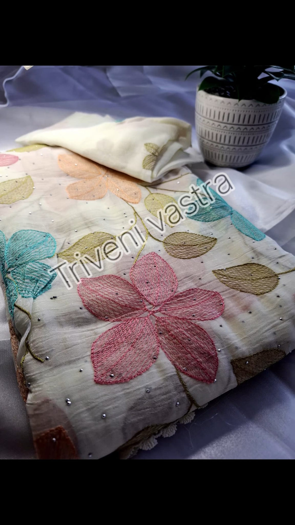 Embroidered saree with running blouse -white