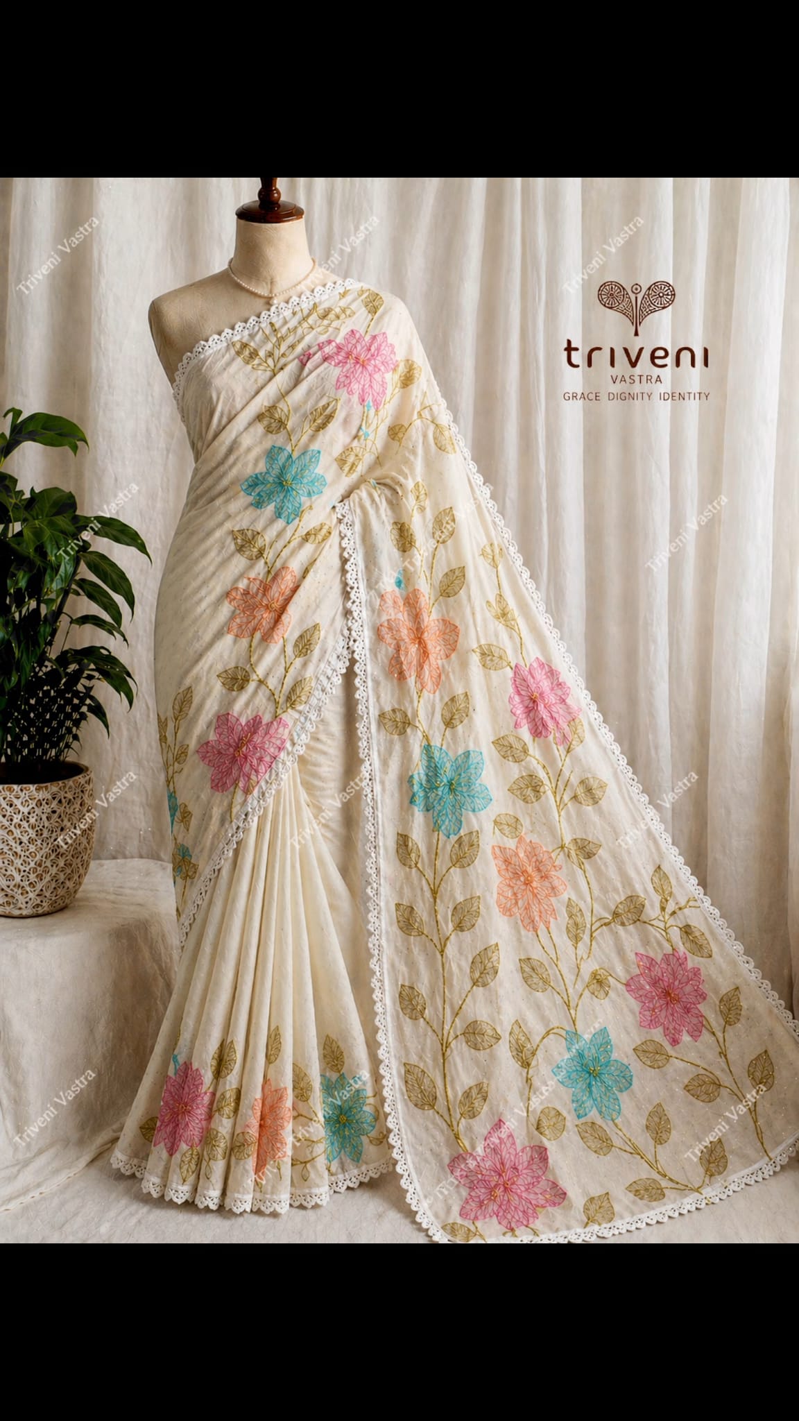 Embroidered saree with running blouse -white