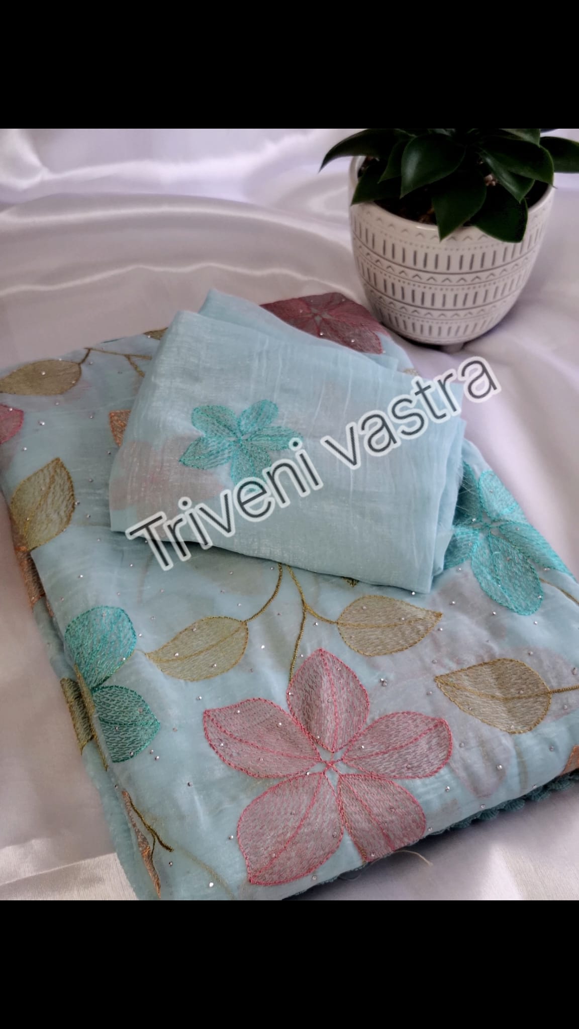 Embroidered saree with running blouse -Icy Blue