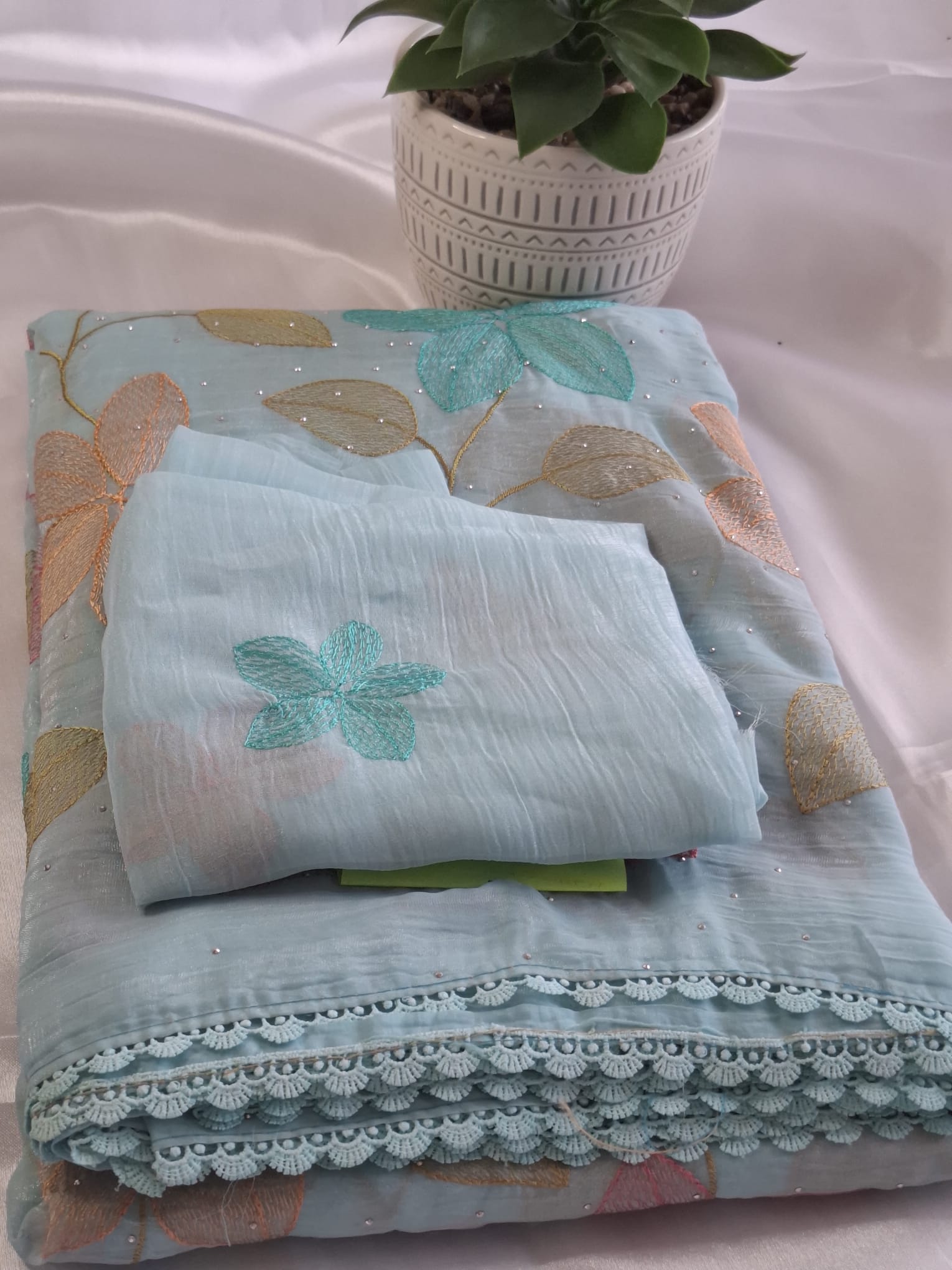 Embroidered saree with running blouse -Icy Blue