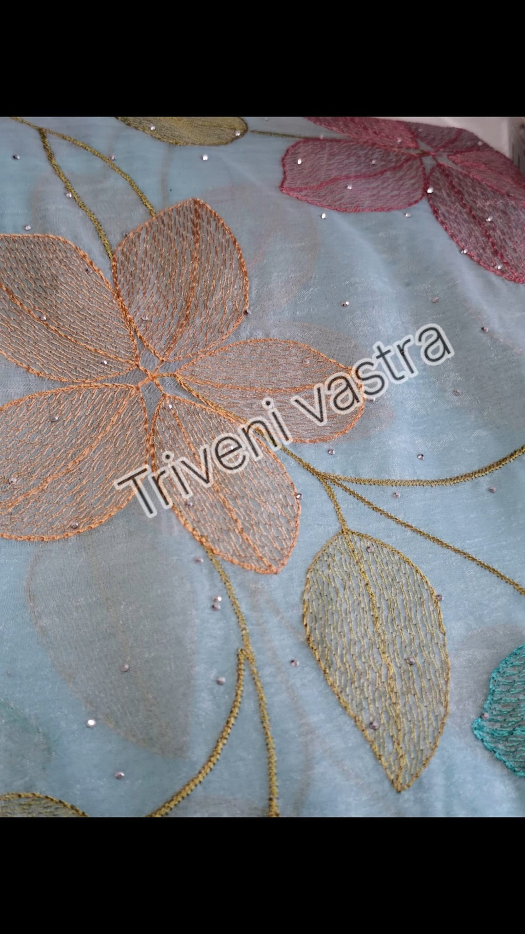 Embroidered saree with running blouse -Icy Blue
