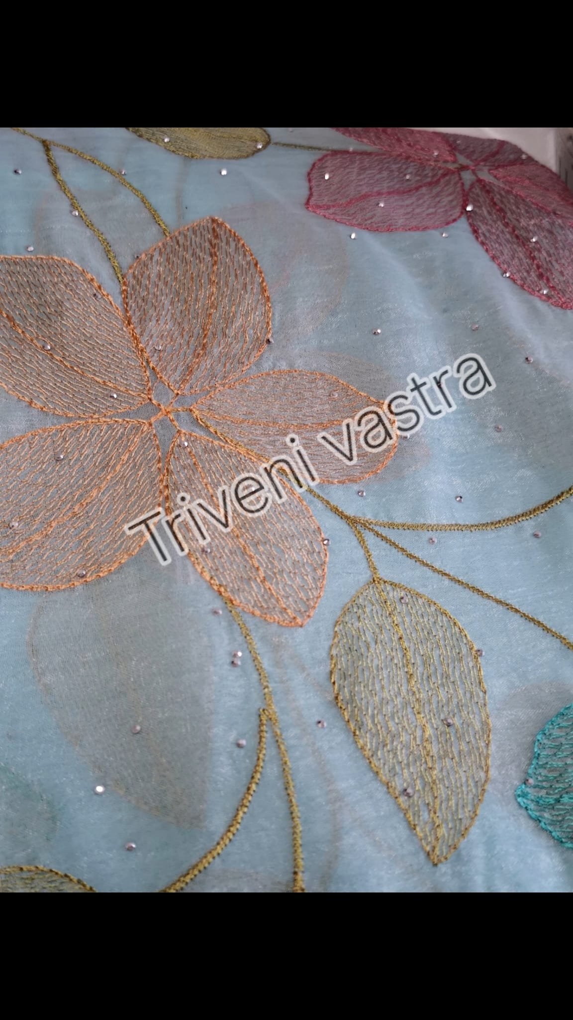 Embroidered saree with running blouse -Icy Blue