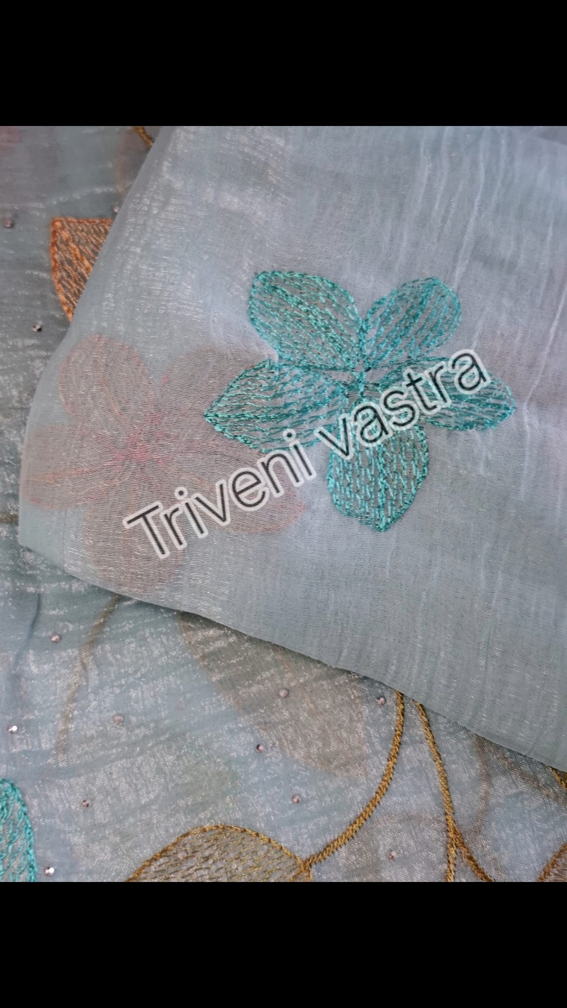 Embroidered saree with running blouse -Icy Blue