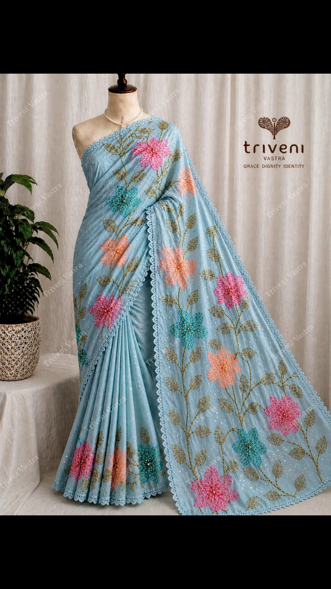 Embroidered saree with running blouse -Icy Blue