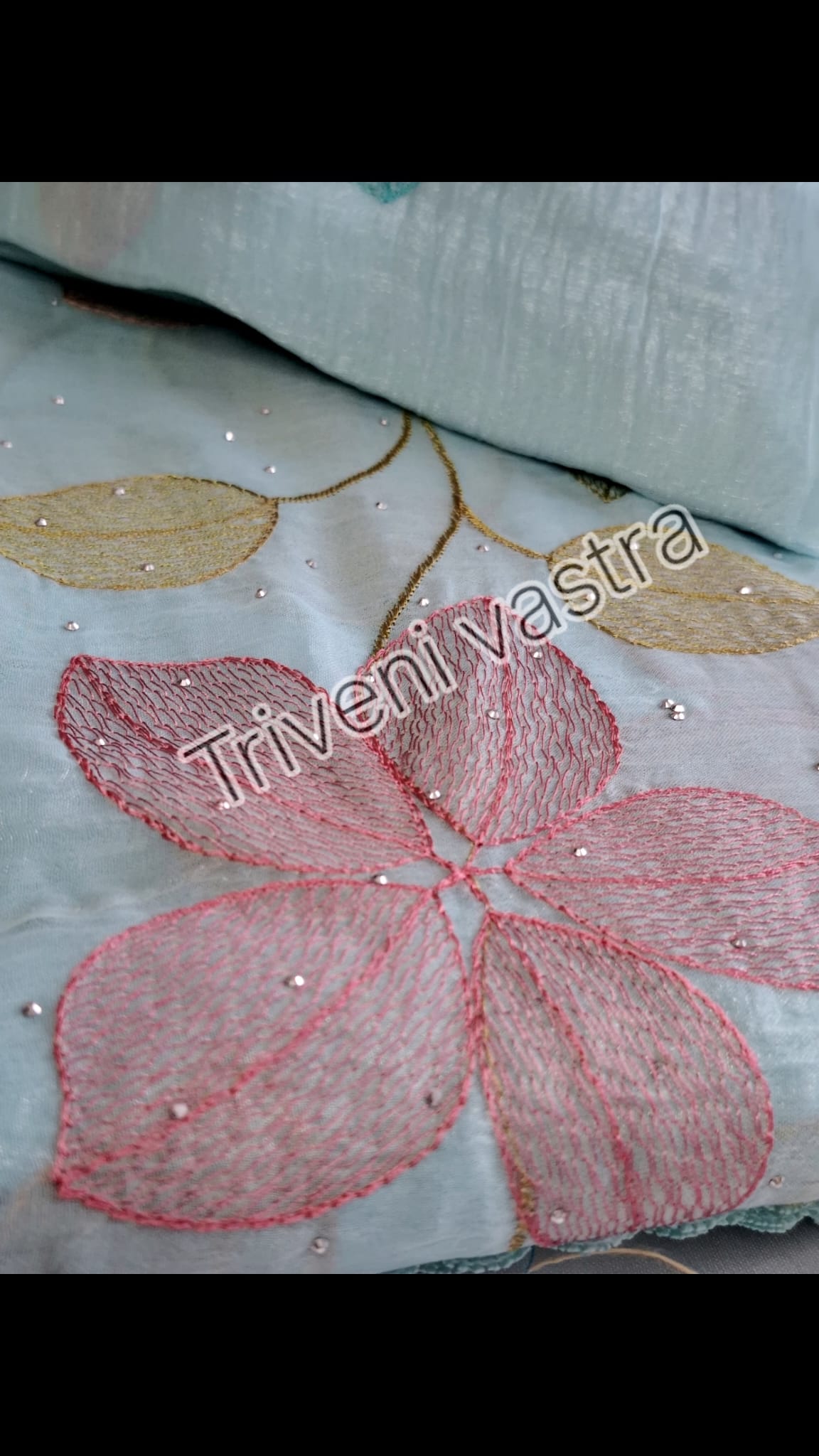 Embroidered saree with running blouse -Icy Blue