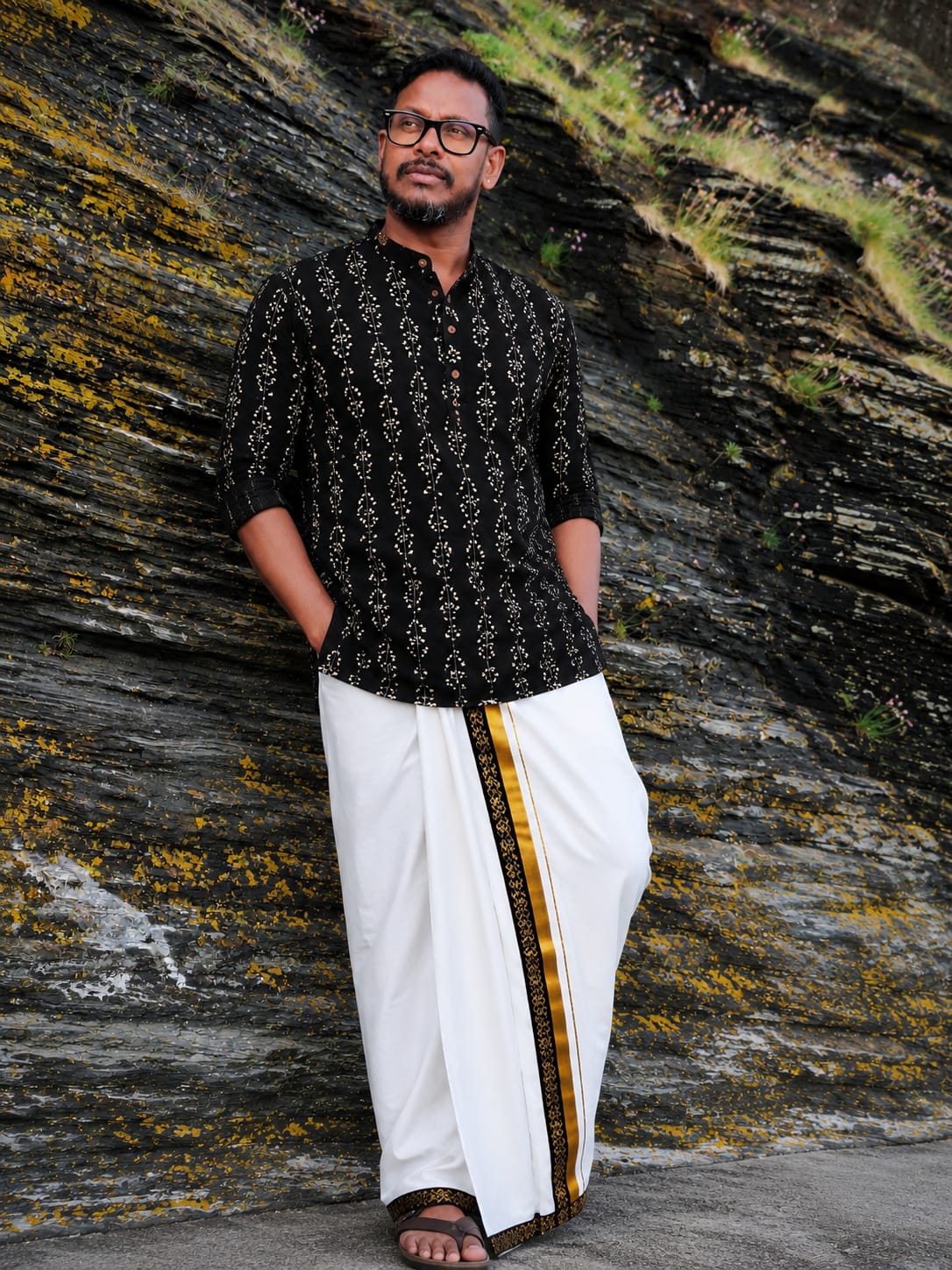 Black Kurtha with matching mundu ( dhoti)