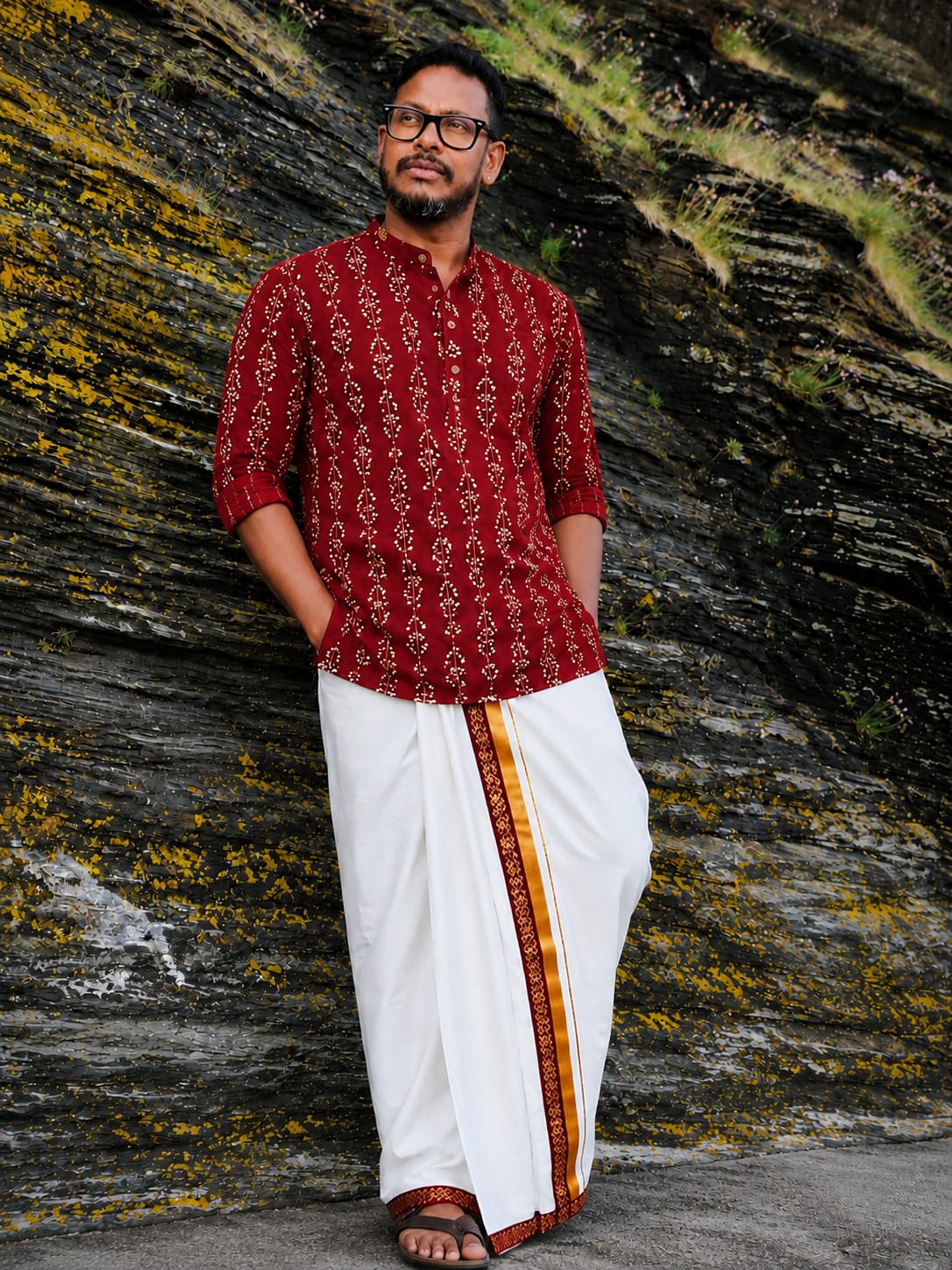 Maroon Shirt (XL) with matching Mundu ( Dhoti)