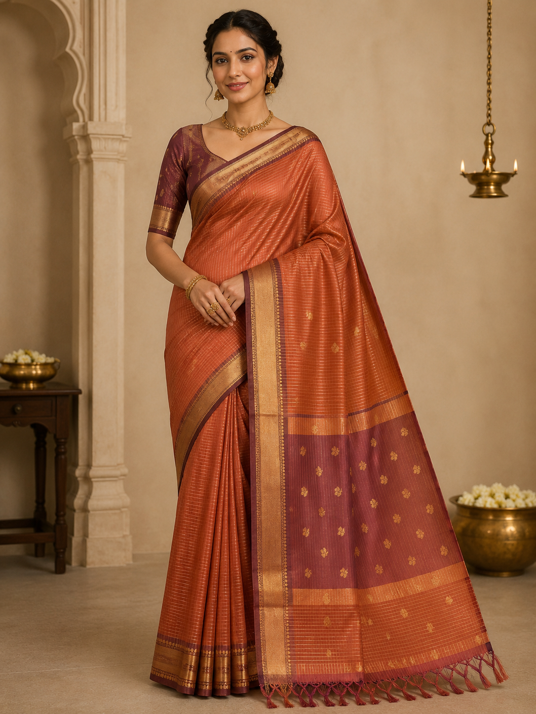 Burned orange silk saree