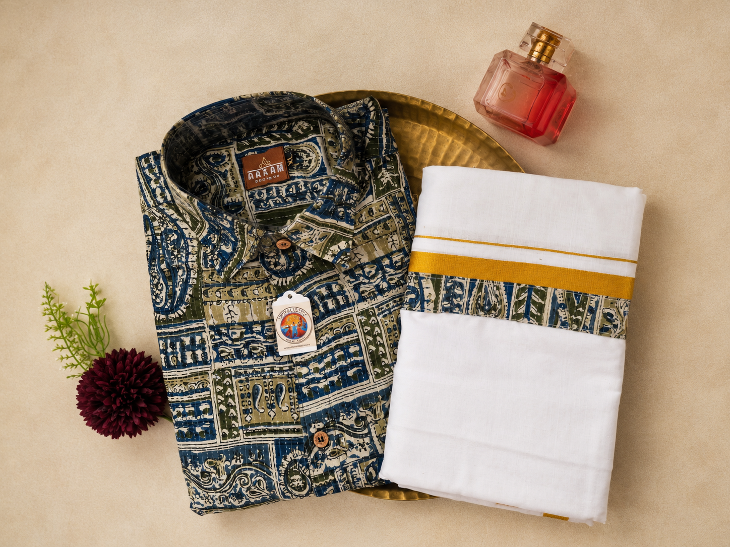 Blue shirt (XL) with matching Mundu ( Dhoti)
