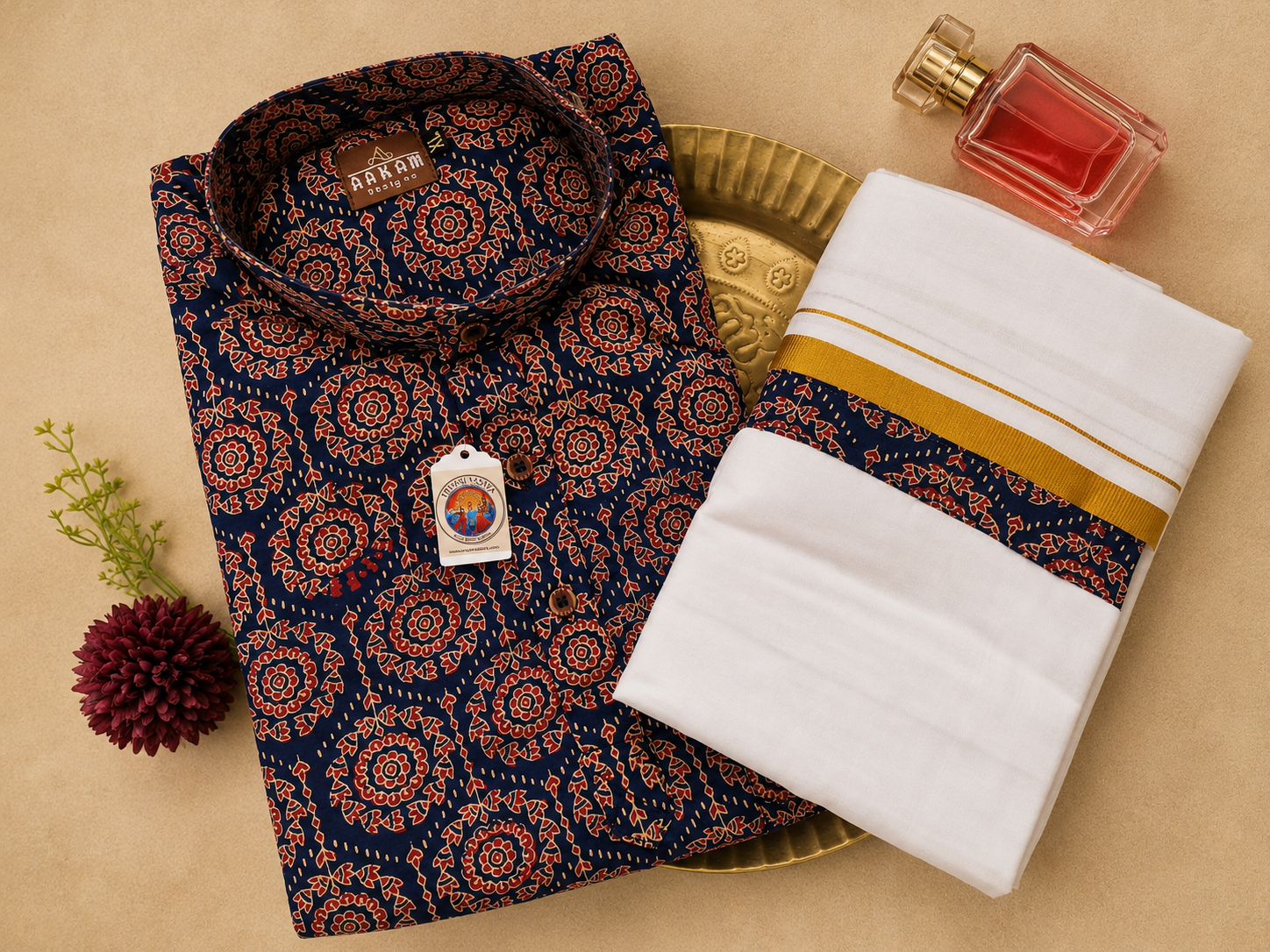 Blue & Burgenty Kurtha (XL) with maching mundu (Dhoti)