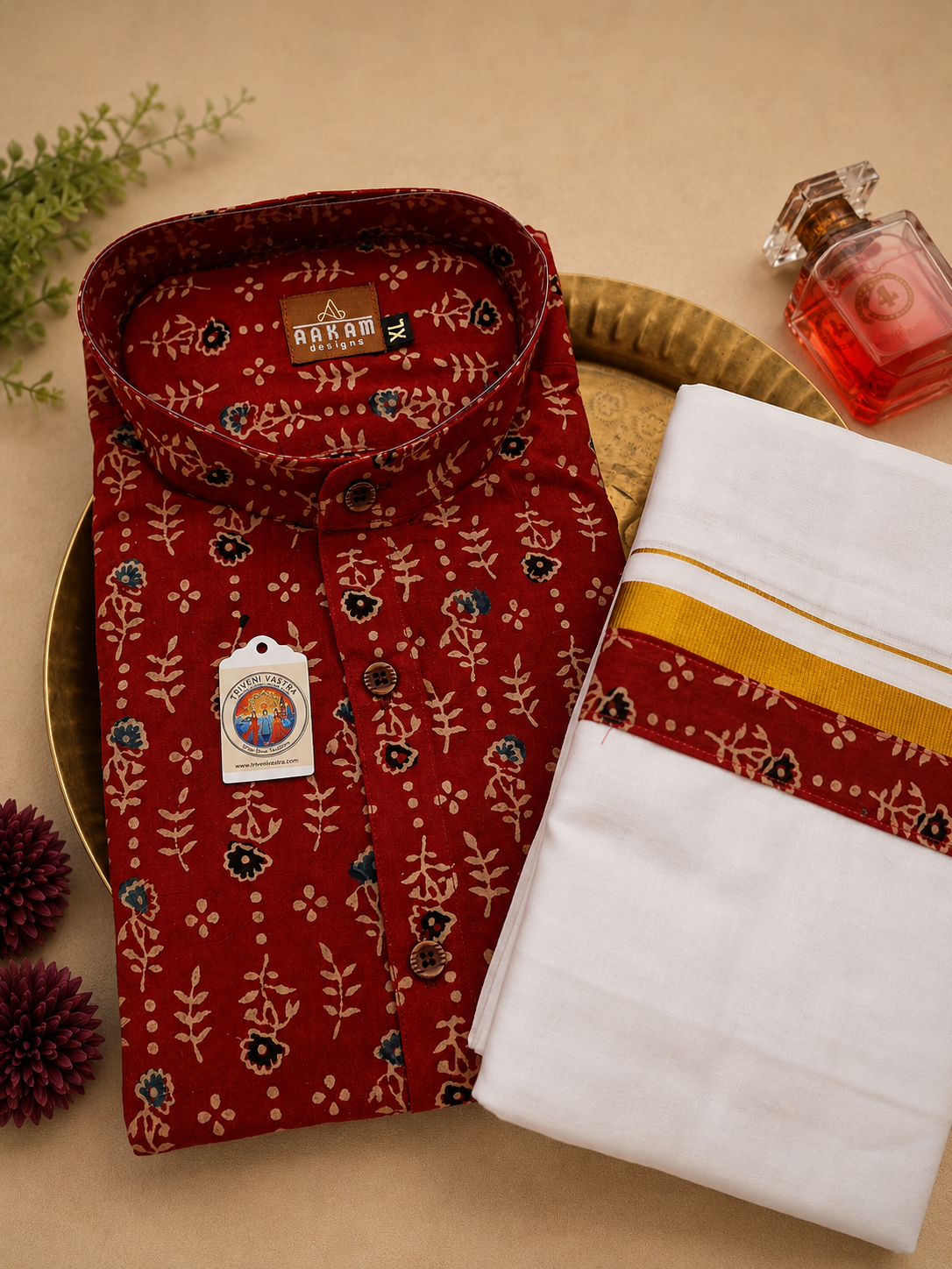 Maroon Shirt (XL) with matching Mundu ( Dhoti)